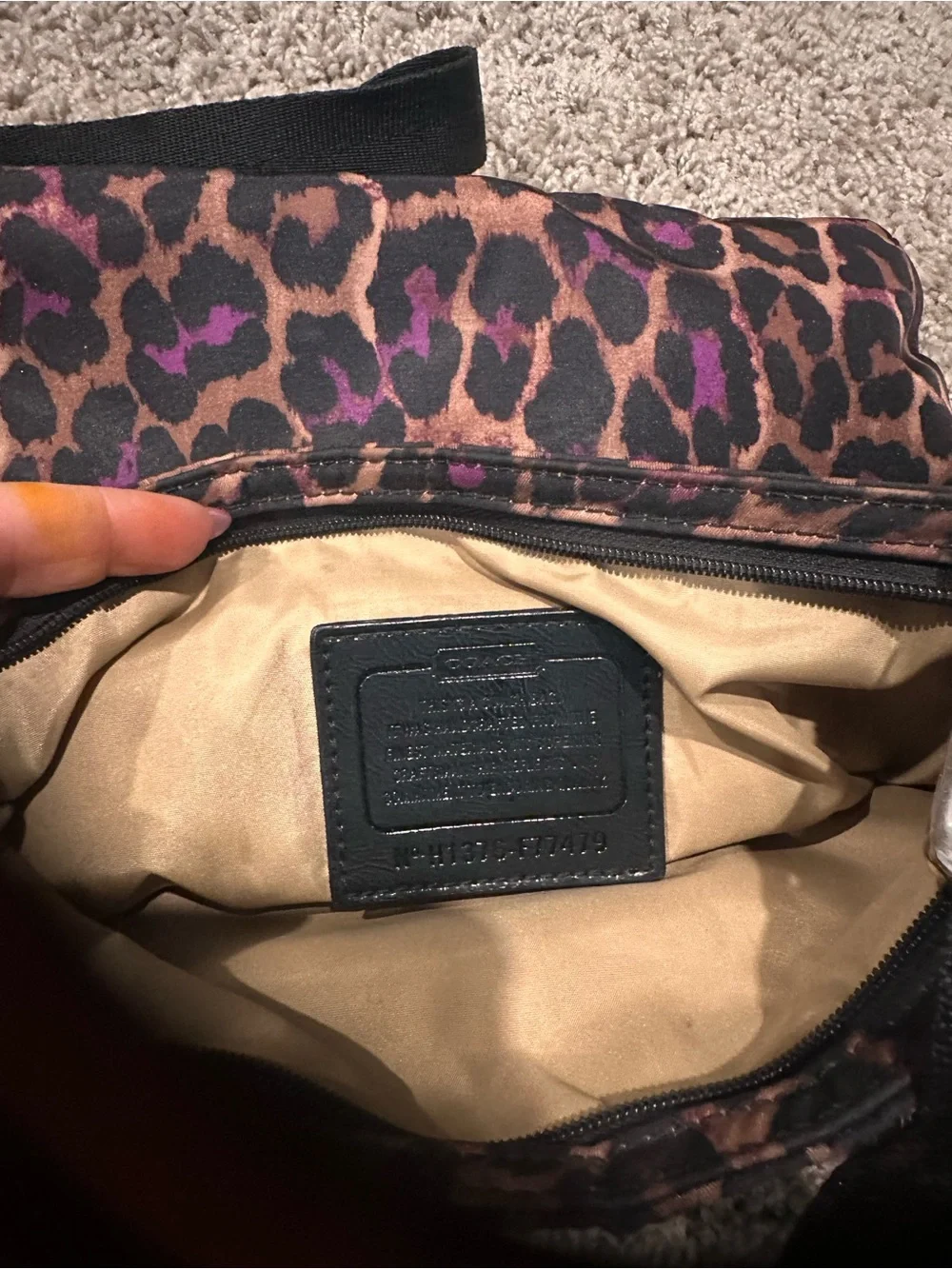 Coach Leopard-Print Crossbody Bag in Brown and Purple with Black Strap